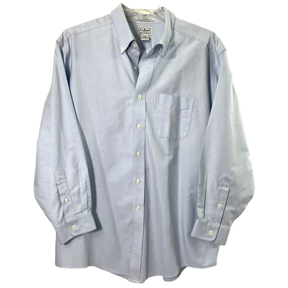 LL Bean Shirt Mens 17.5 33 Blue Career Long‎ Sleeve Monogrammed Cuff BAC